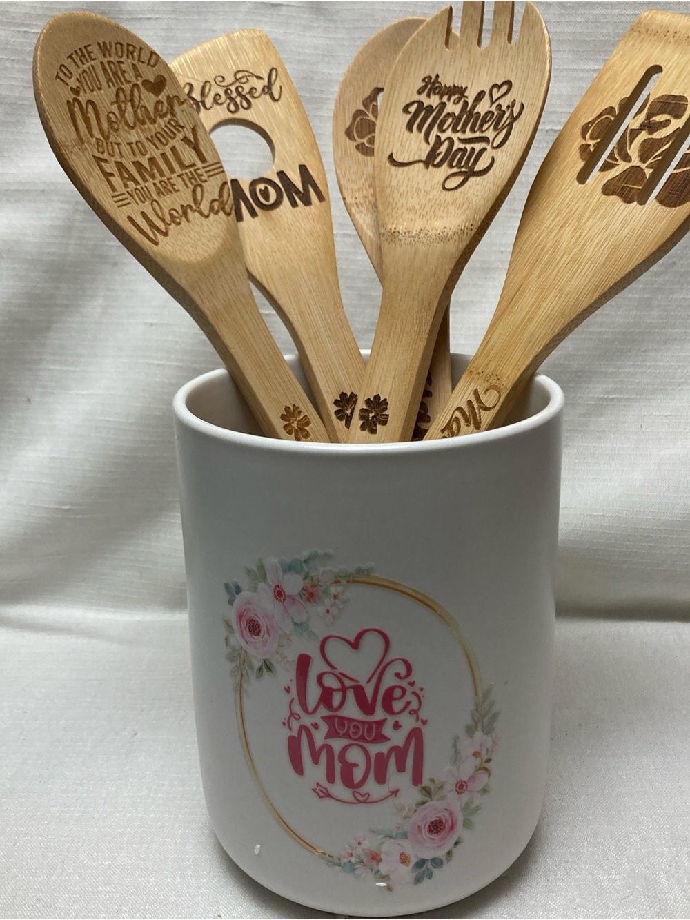 Love You Mom White Ceramic Utensil Holder with Bamboo Mother's Day Spoons